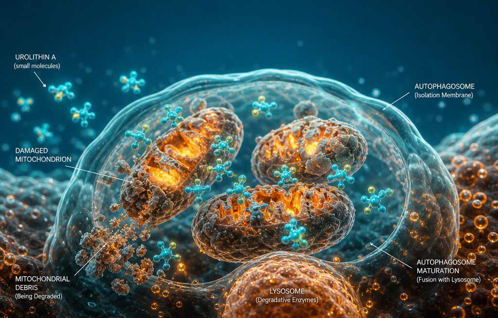 Diagram showing Urolithin A triggering mitophagy and cellular mitochondrial repair.