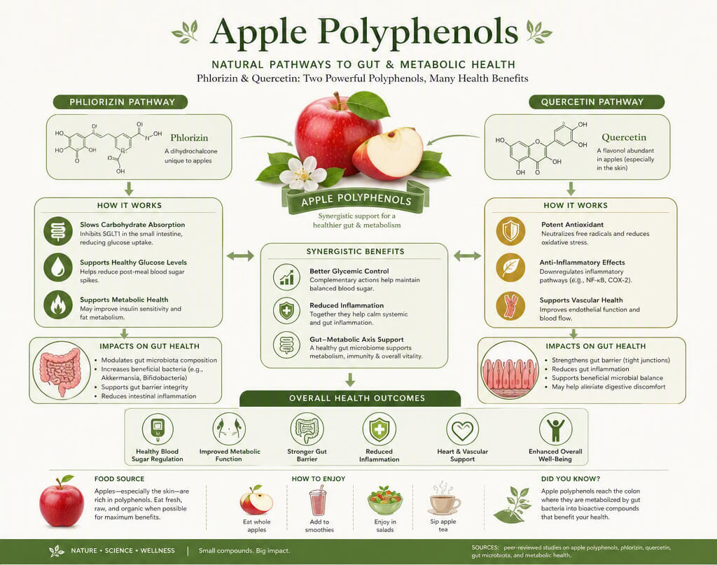 Comprehensive graphic illustrating apple polyphenols for gut health including phlorizin and quercetin pathways.