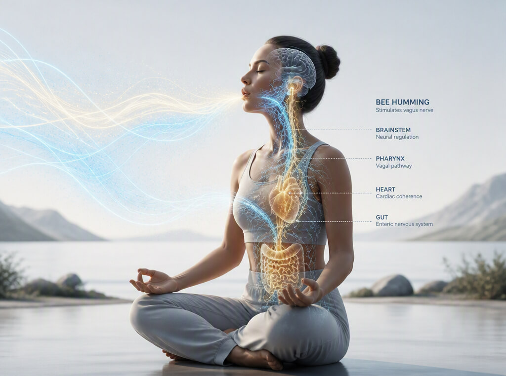 Illustration of neural acoustic vibrations stimulating the vagus nerve and parasympathetic system during bee humming practice.