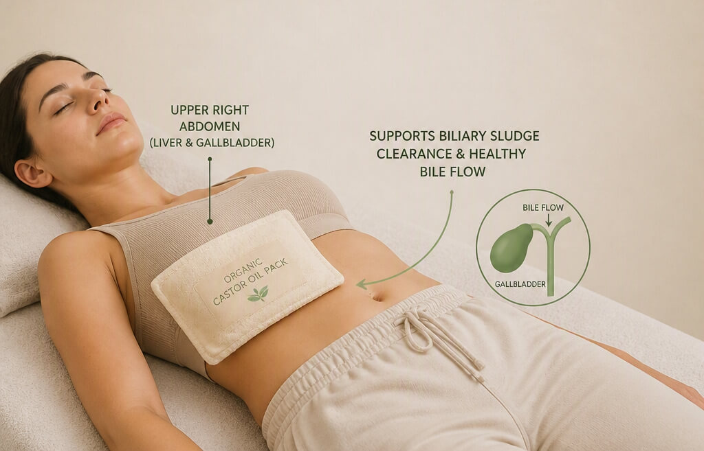 Organic castor oil pack placed on the upper right abdomen for biliary sludge clearance and gallbladder bile flow.