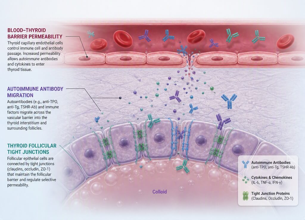 Biological graphic showing blood thyroid barrier permeability, thyroid follicular tight junctions, and autoimmune antibody migration.