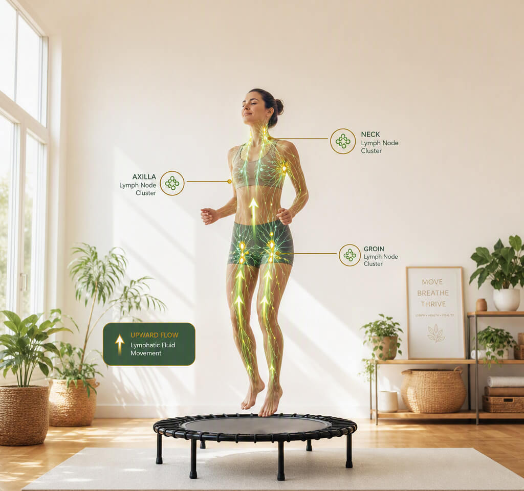 Anatomical visualization of bouncing benefits for lymphatic drainage and lymph node clearance during mini-trampoline rebounding.