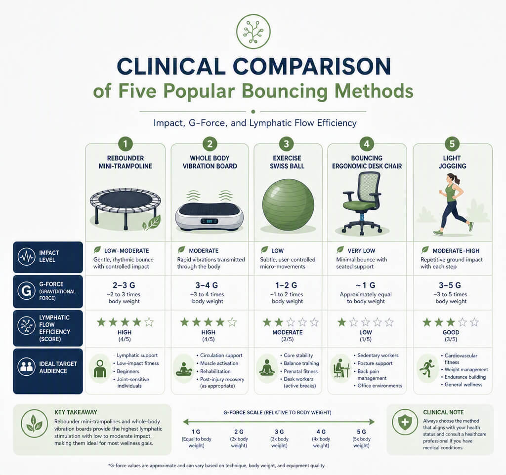 Comparison diagram evaluating bouncing equipment for lymphatic drainage efficiency, low-impact safety, and lymph node clearance.