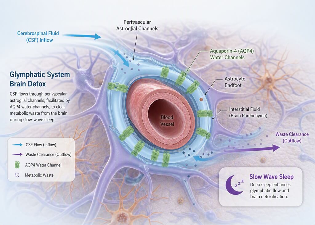 Medical graphic displaying perivascular astroglial channels and aquaporin-4 water channels facilitating glymphatic system brain detox during slow wave sleep.