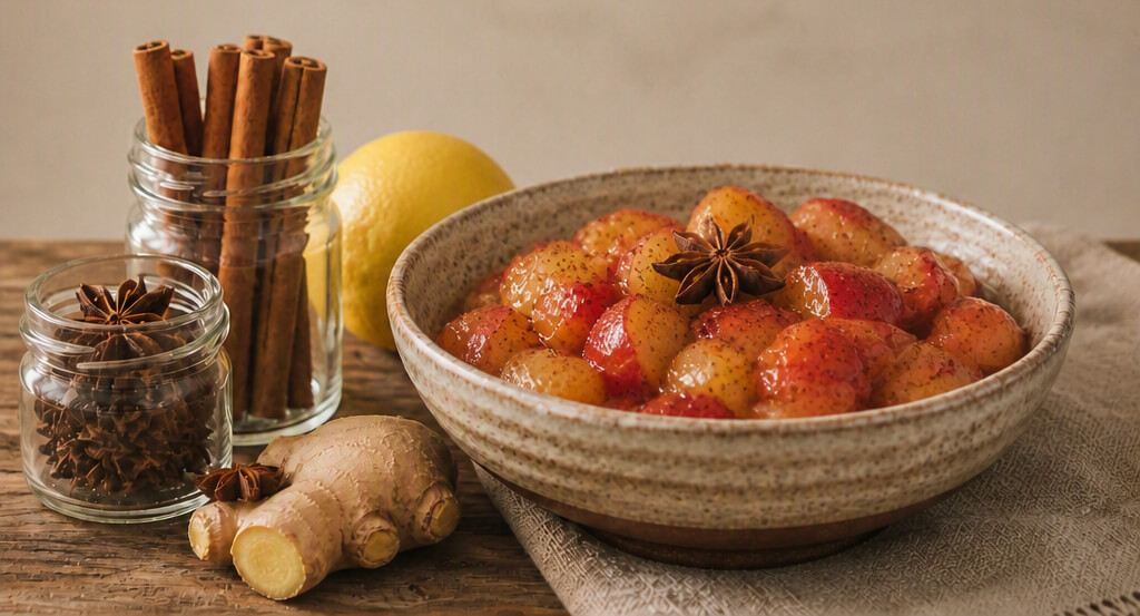 Rustic ceramic bowl filled with warm gut healing stewed apples, Ceylon cinnamon sticks, and star anise for intestinal mucosal repair.