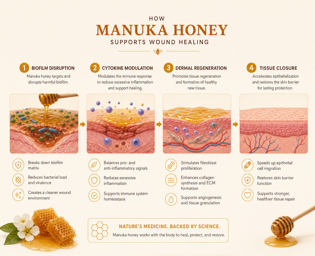 Diagram showing the 4 stages of manuka honey wound healing and tissue repair.