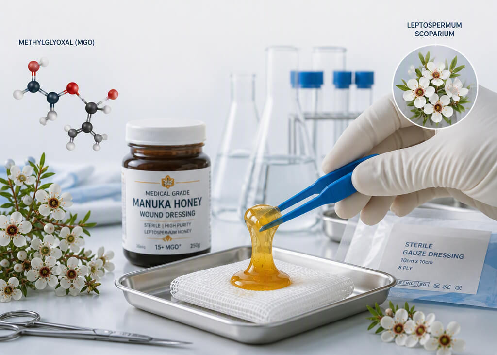 Medical grade manuka honey applied to sterile dressing for manuka honey wound healing.