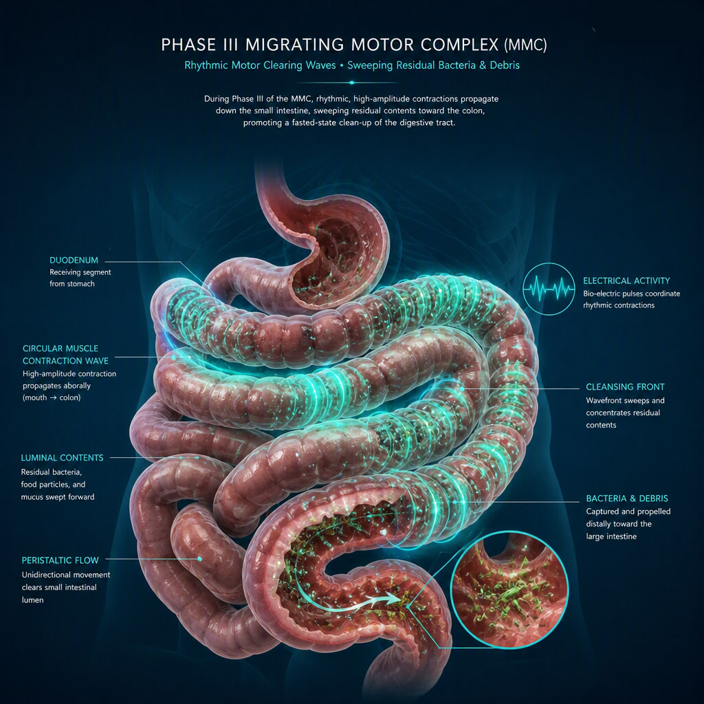 Diagram showing migrating motor complex phase III cleansing waves for SIBO prevention in the small intestine