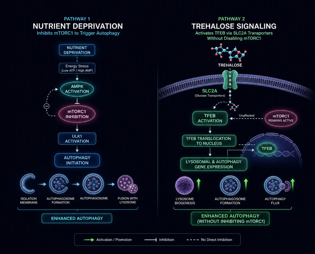 Comparative diagram showing fasting-induced mTOR inhibition versus trehalose-induced TFEB activation for cellular autophagy.