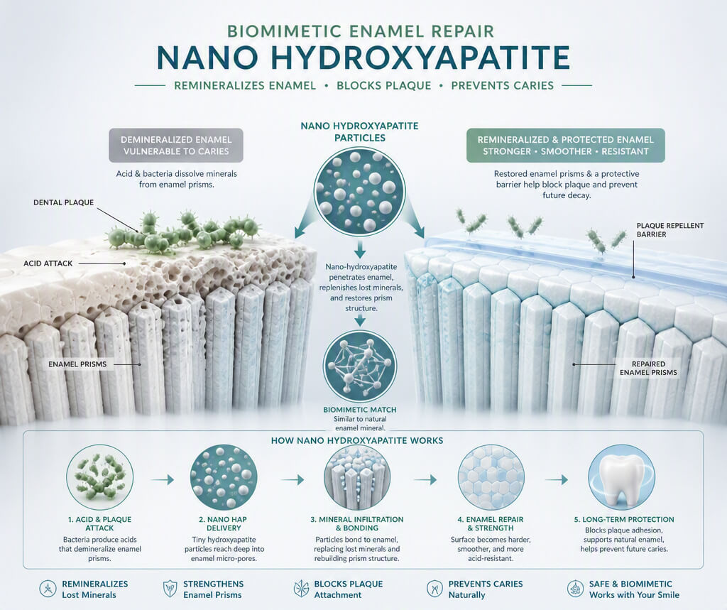 Biomimetic diagram showing nano hydroxyapatite for caries remineralizing enamel prisms and blocking dental plaque.