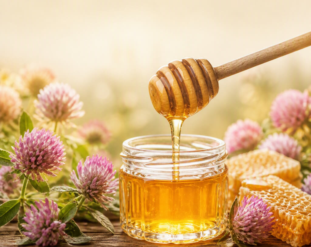 Unfiltered raw honey dripping from a dipper into a jar, showcasing raw honey health benefits.