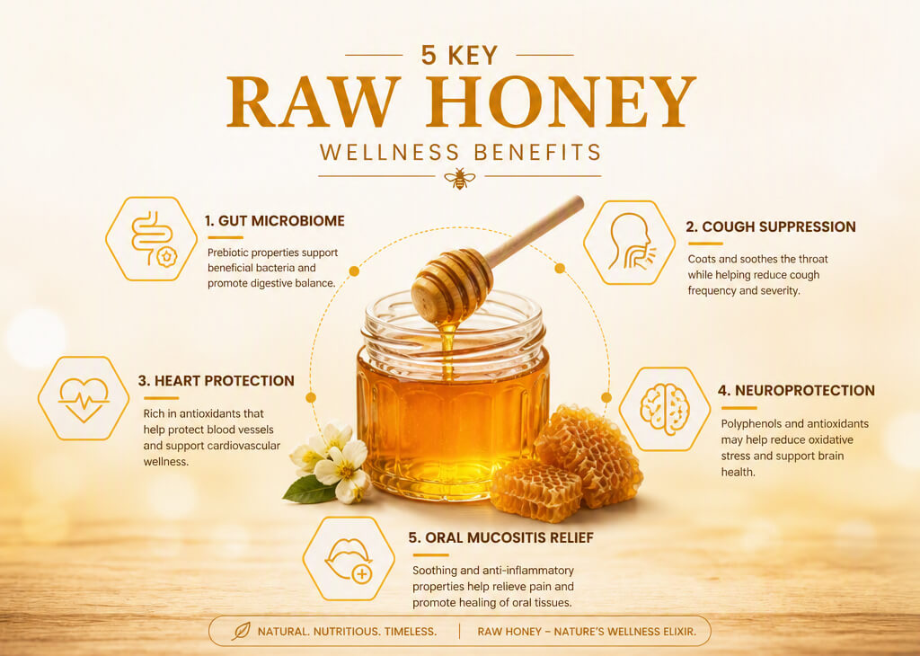 Infographic summary of raw honey health benefits for systemic wellness.
