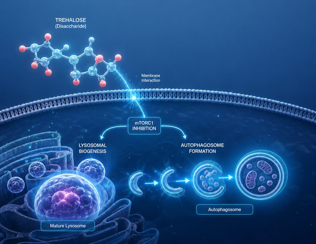 3D molecular depiction of trehalose disaccharide triggering autophagosome formation and lysosomal biogenesis inside a human cell.