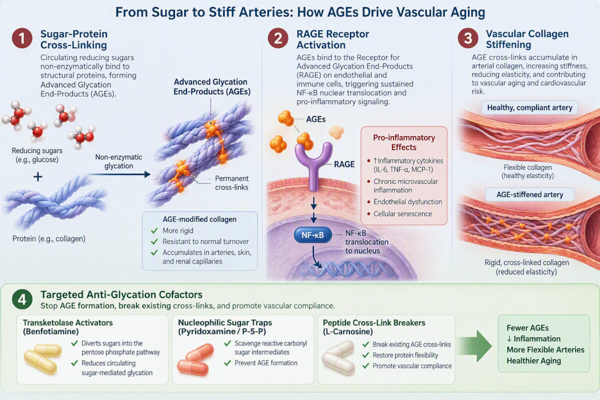 Diagram showing sugar-protein cross-linking forming Advanced Glycation End-Products (AGEs) and RAGE receptor activation leading to vascular collagen stiffening.