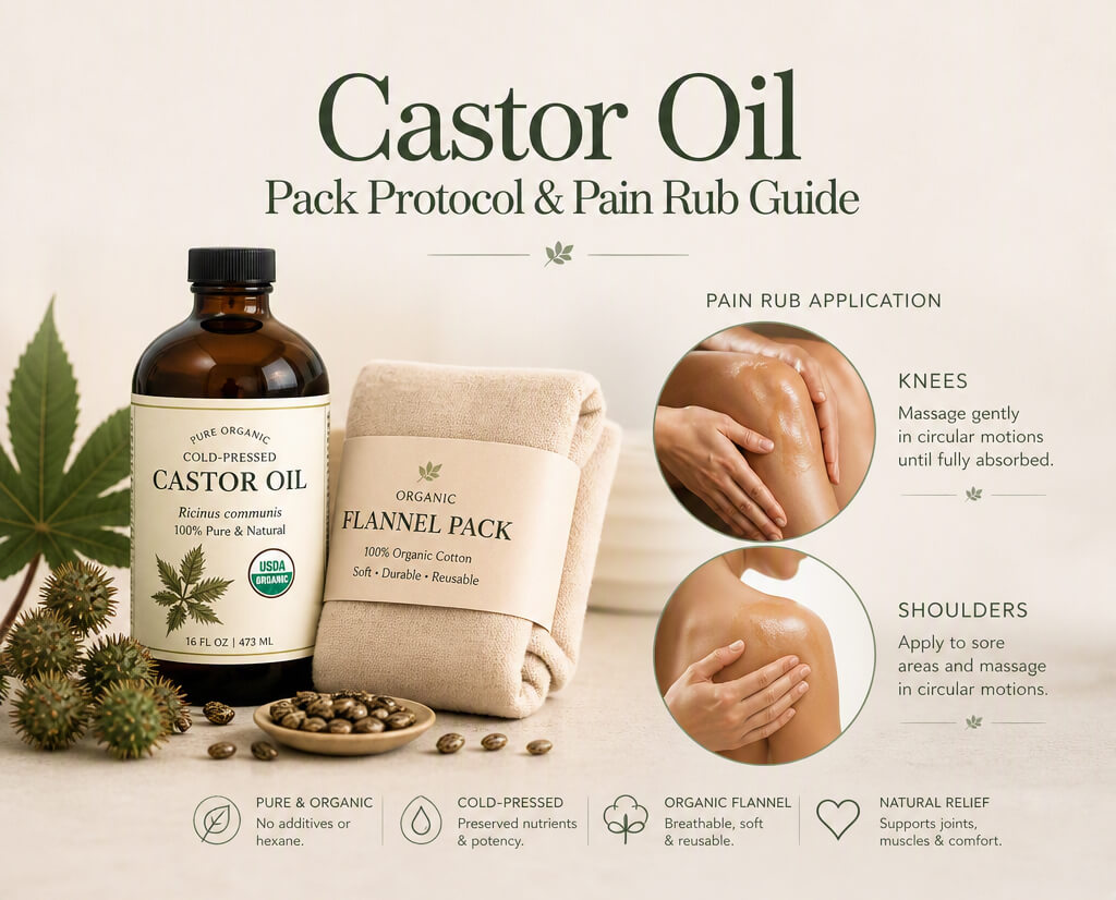 Pure organic cold-pressed castor oil bottle and organic flannel pack alongside joint massage application.