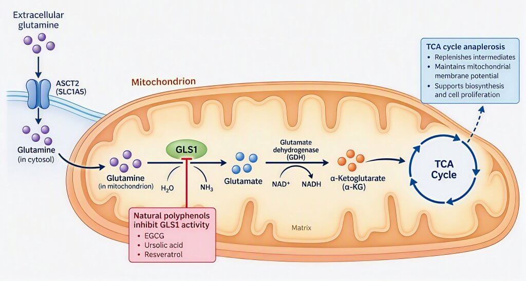 Diagram of mitochondrial glutaminolysis showing glutamine conversion to glutamate and alpha-ketoglutarate by GLS1 for TCA cycle anaplerosis.