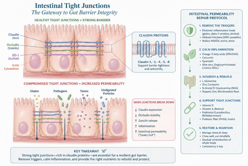 Biological diagram showing intestinal epithelial tight junctions, claudin proteins, and an intestinal permeability repair protocol for gut barrier integrity.