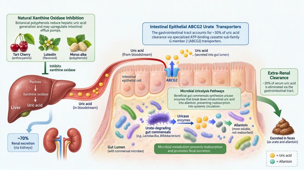 Biological diagram showing intestinal epithelial ABCG2 urate transporters, microbial uricolysis pathways, and extra-renal clearance.