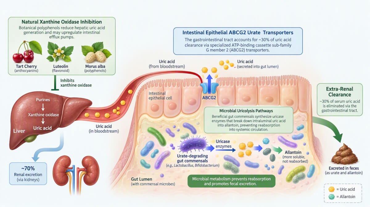 Biological diagram showing intestinal epithelial ABCG2 urate transporters, microbial uricolysis pathways, and extra-renal clearance.