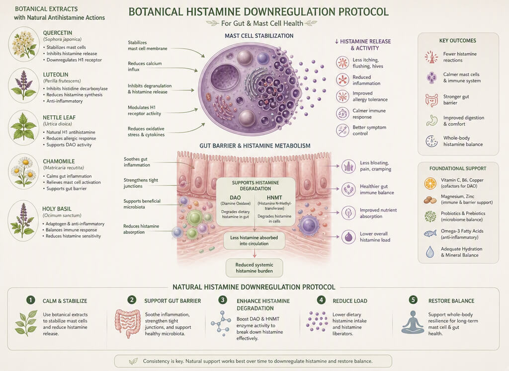 Botanical extracts and cellular diagram demonstrating a natural histamine downregulation protocol for gut and mast cell health.