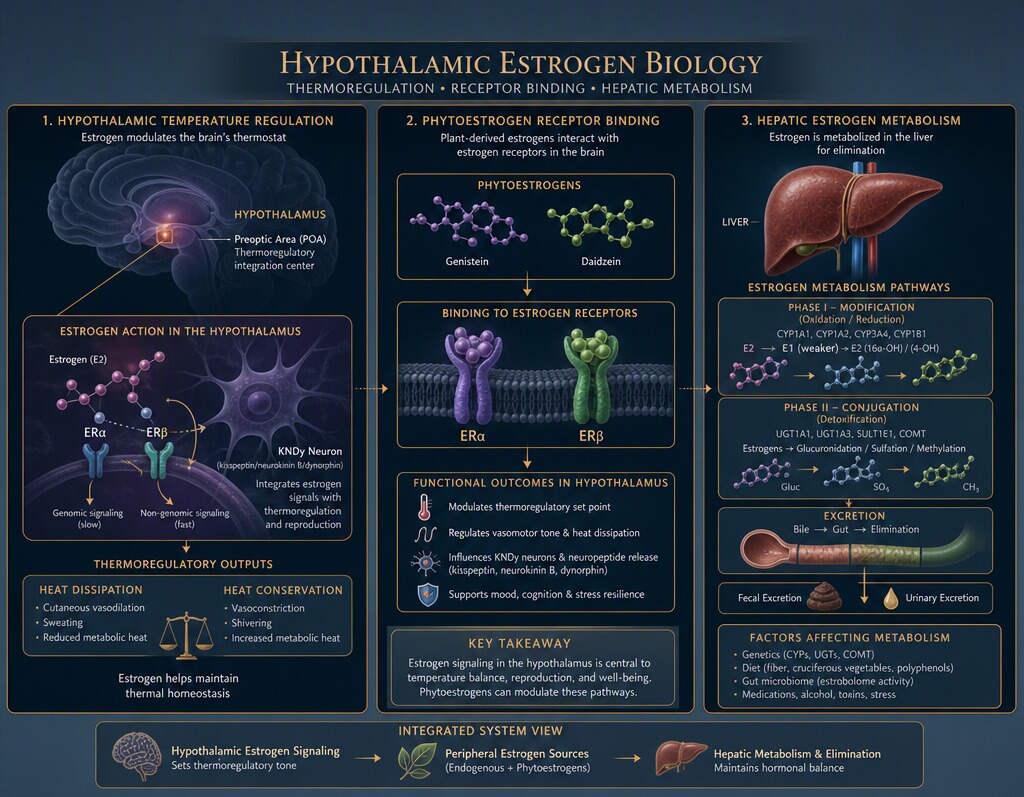 Biological diagram showing hypothalamic temperature regulation, phytoestrogen receptor binding, and hepatic estrogen metabolism pathways.