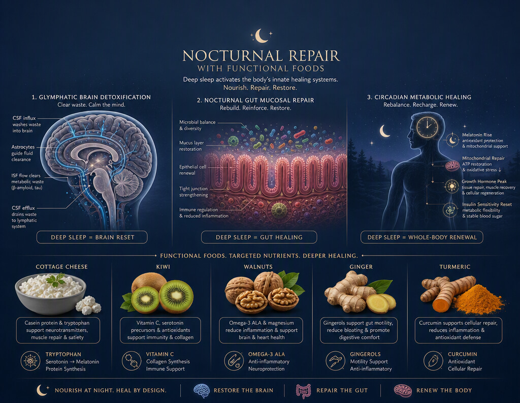 Biological diagram illustrating glymphatic brain detoxification, nocturnal gut mucosal repair, and circadian metabolic healing.