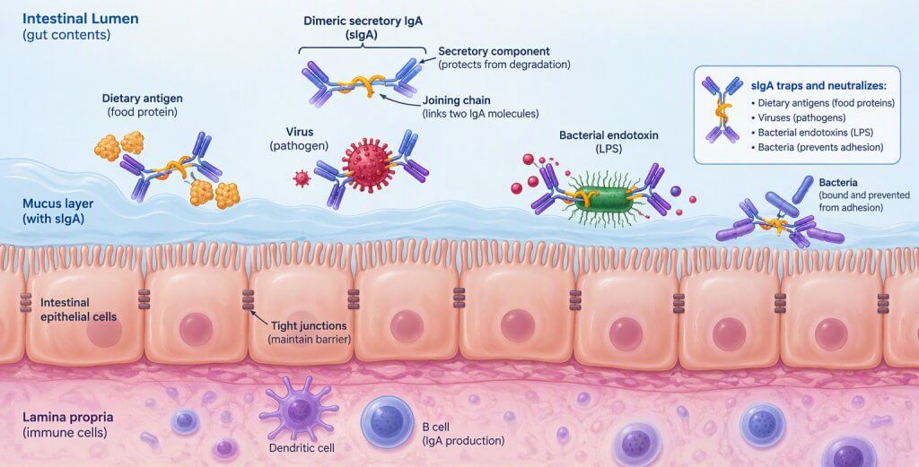 Diagram showing dimeric secretory IgA (sIgA) trapping lumina antigens and neutralizing endotoxins above the intestinal epithelial lining.