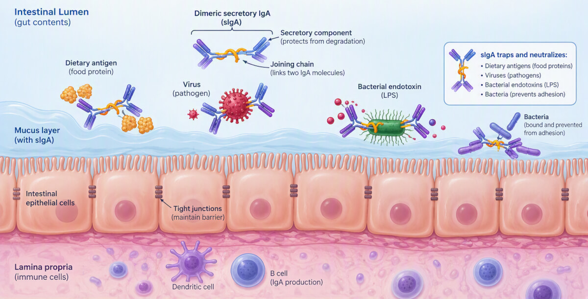 Diagram showing dimeric secretory IgA (sIgA) trapping lumina antigens and neutralizing endotoxins above the intestinal epithelial lining.