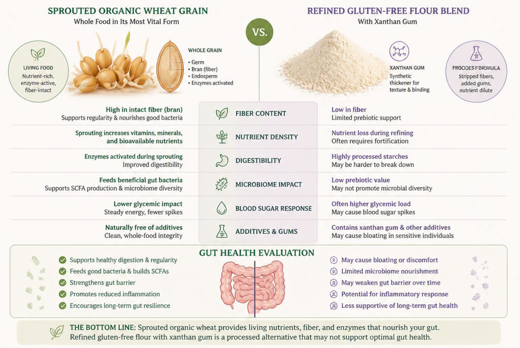 Visual comparison of sprouted organic wheat grain and refined gluten-free flour blend with xanthan gum for gut health evaluation.