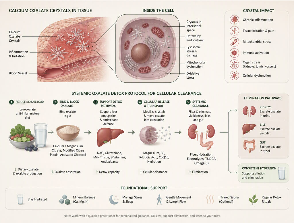 Biological diagram showing calcium oxalate crystals in tissue and a systemic oxalate detox protocol for cellular clearance.