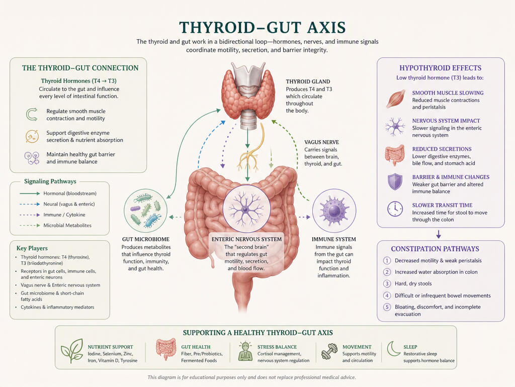 Anatomical diagram illustrating the thyroid-gut axis connection, hypothyroid smooth muscle slowing, and constipation pathways.