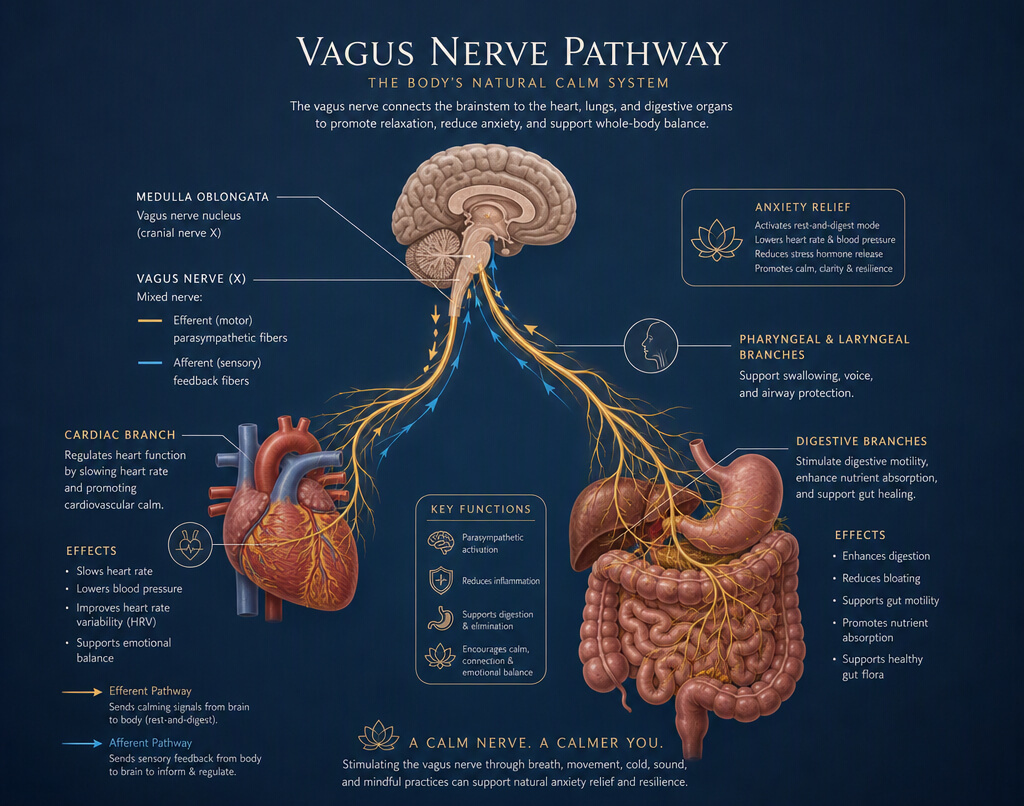 Anatomical diagram showing the vagus nerve pathway connecting the brainstem to cardiac and digestive organs for anxiety relief.
